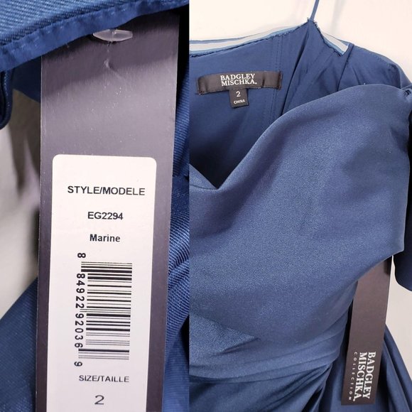 Blue Dress Satin Gown XS BADGLEY MISCHKA 2 Off Shoulder Ruched Formal NWT $895‎ - Picture 6 of 13